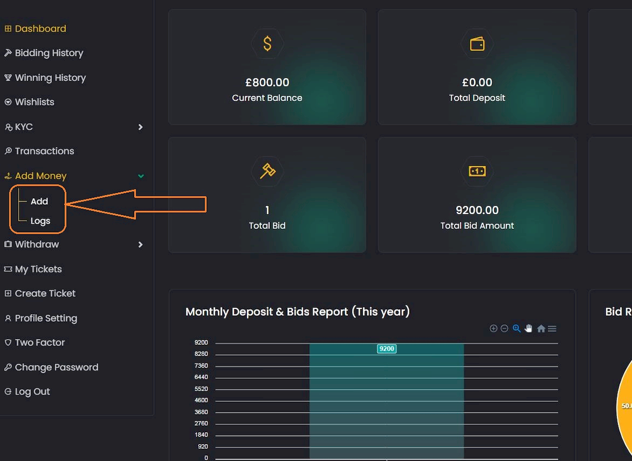 Dashboard with 'Add Money' button