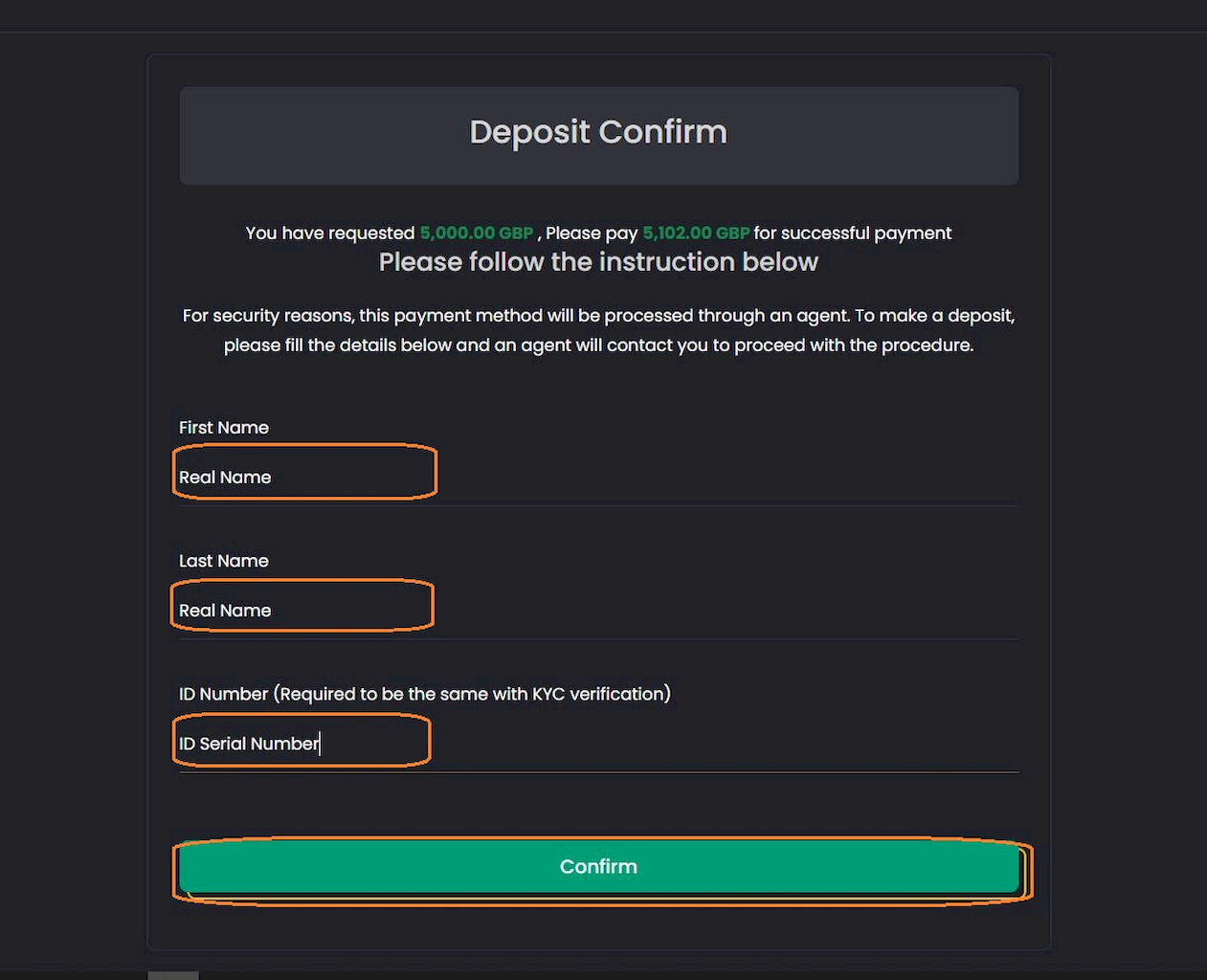Deposit form with amount and payment fields