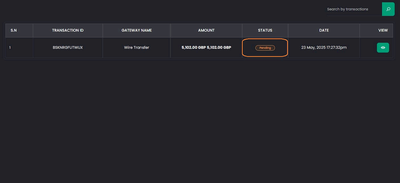 Pending deposit status screen